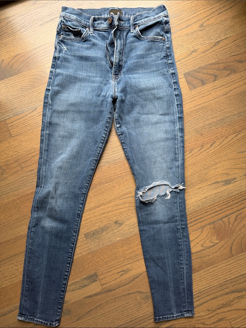 MOTHER Distressed Skinny Jeans in Medium Blue Denim
